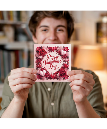 Romantic Valentines Day Card Red Hearts and Red Roses in Dimensional Style