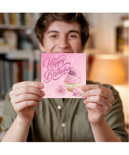 Happy Birthday Card for Her Elegant Rasberry Floral Cupcake