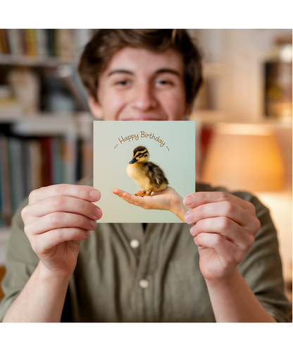 Happy Birthday card duckling in hand pastel