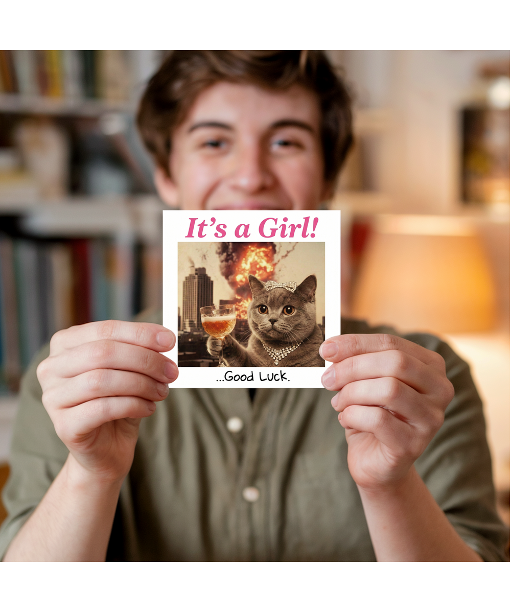 Funny Newborn Baby Girl Card Sassy Cat Good Luck Its a Girl