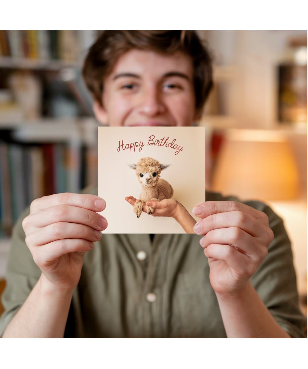 Happy Birthday card alpaca in hand cute pastel colour