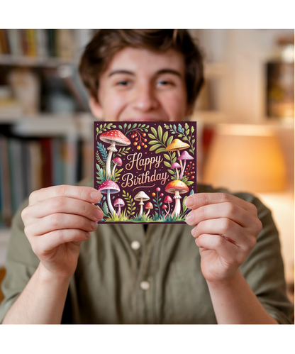 Happy Birthday Card with Auntumnal Forest Mushrooms